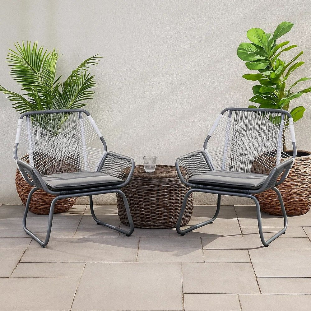 Meny Outdoor Club Chair Set of 2 | White Rattan Woven Matte Gray Metal