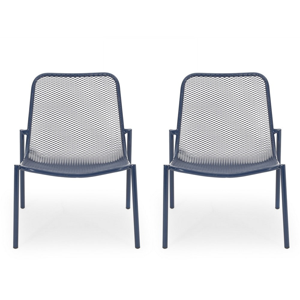 Kery 2pc Outdoor Side Chair Set | Navy Blue Mesh Metal Stackable Frame