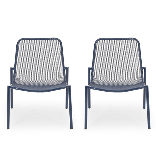 Kery 2pc Outdoor Side Chair Set | Navy Blue Mesh Metal Stackable Frame