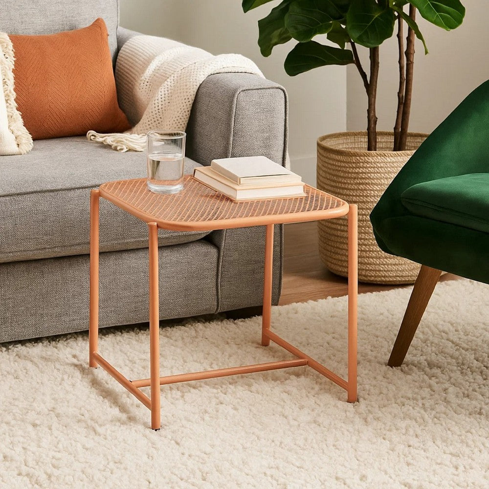 Elie Outdoor Side End Table | 20" Mesh Top | Orange Metal Sled Base