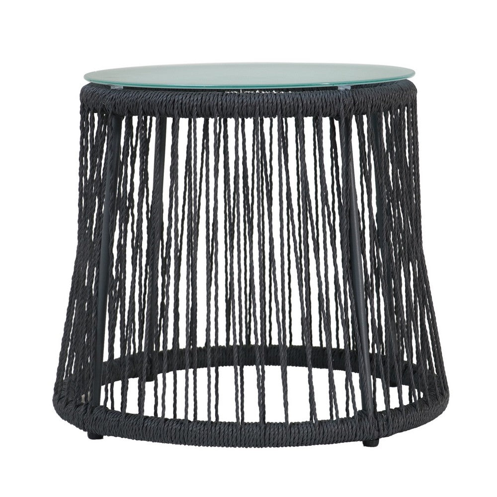 Penny Outdoor Side End Table | 19" Glass Top | Black Rope Woven Base