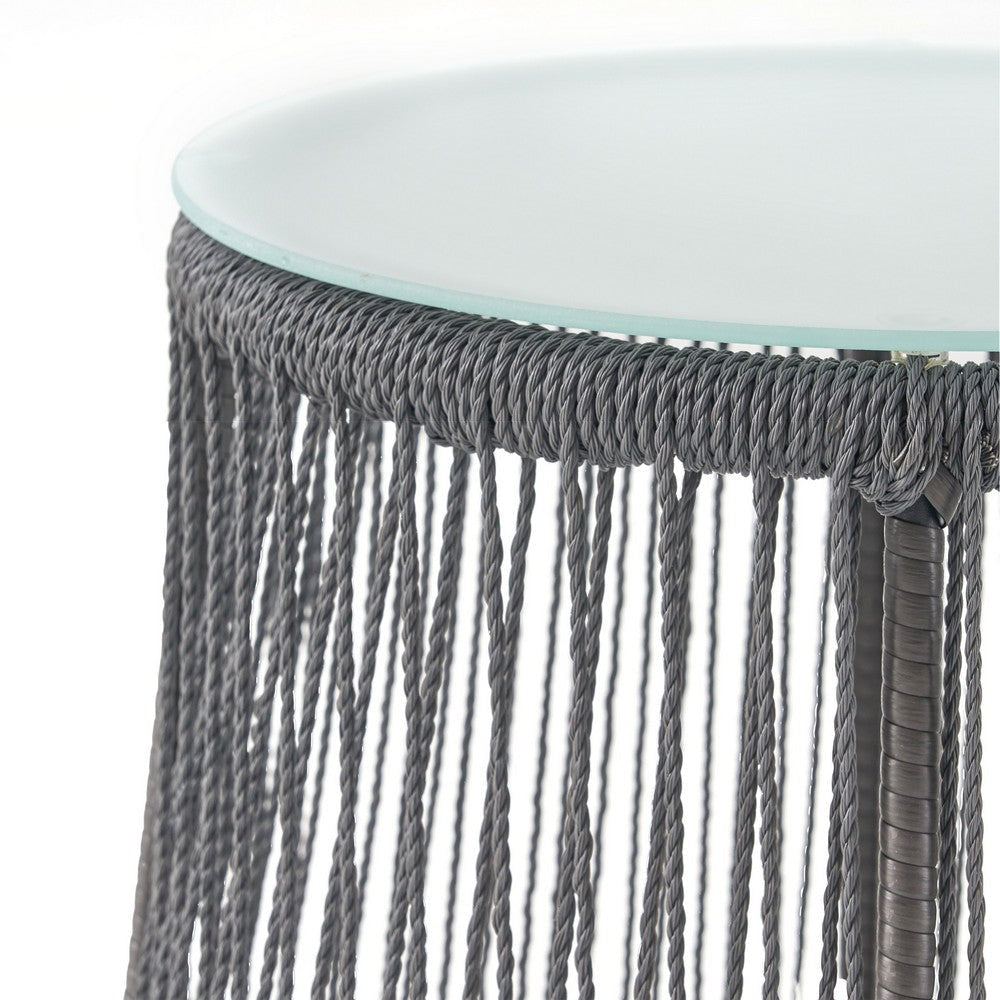 Penny Outdoor Side End Table | 19’’ Glass Top | Black Rope Woven Base BM335164