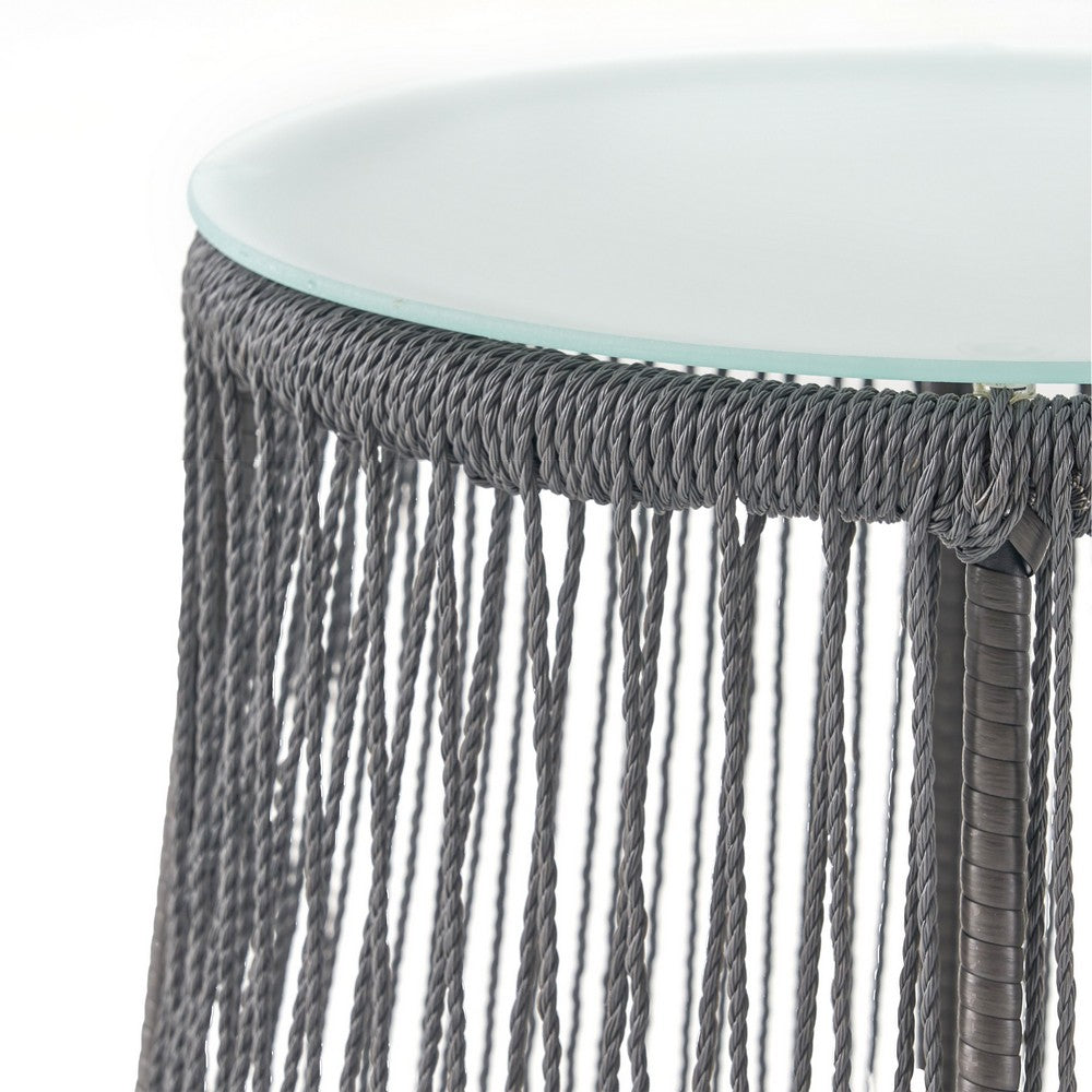 Penny Outdoor Side End Table | 19" Glass Top | Black Rope Woven Base
