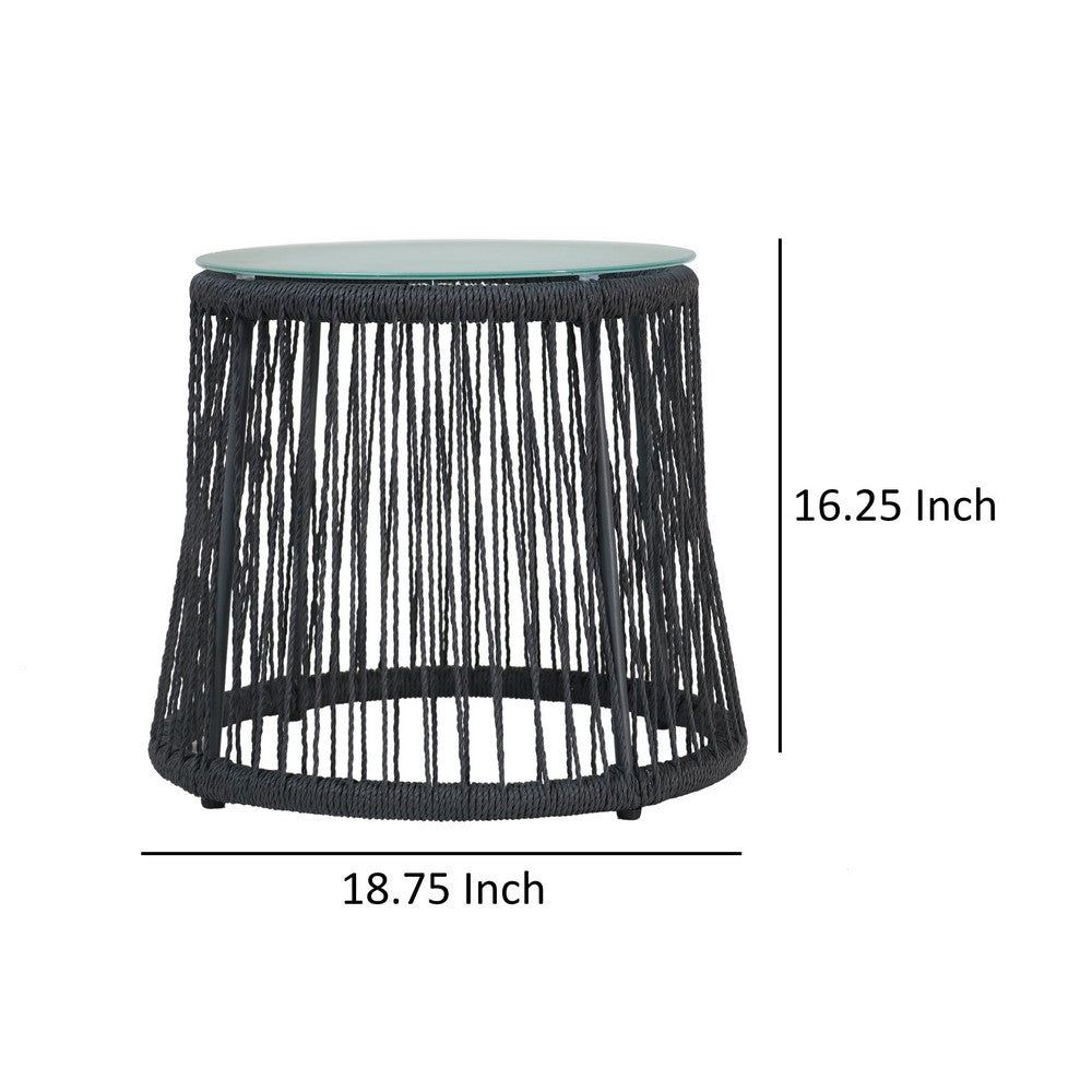 Penny Outdoor Side End Table | 19" Glass Top | Black Rope Woven Base