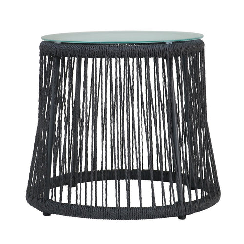 Penny Outdoor Side End Table | 19" Glass Top | Black Rope Woven Base