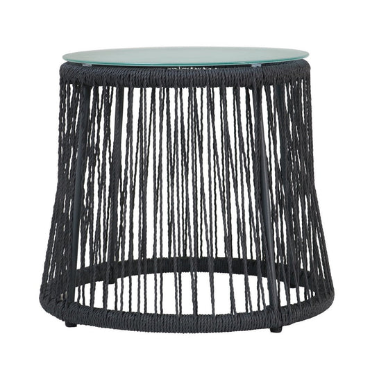Penny Outdoor Side End Table | 19" Glass Top | Black Rope Woven Base