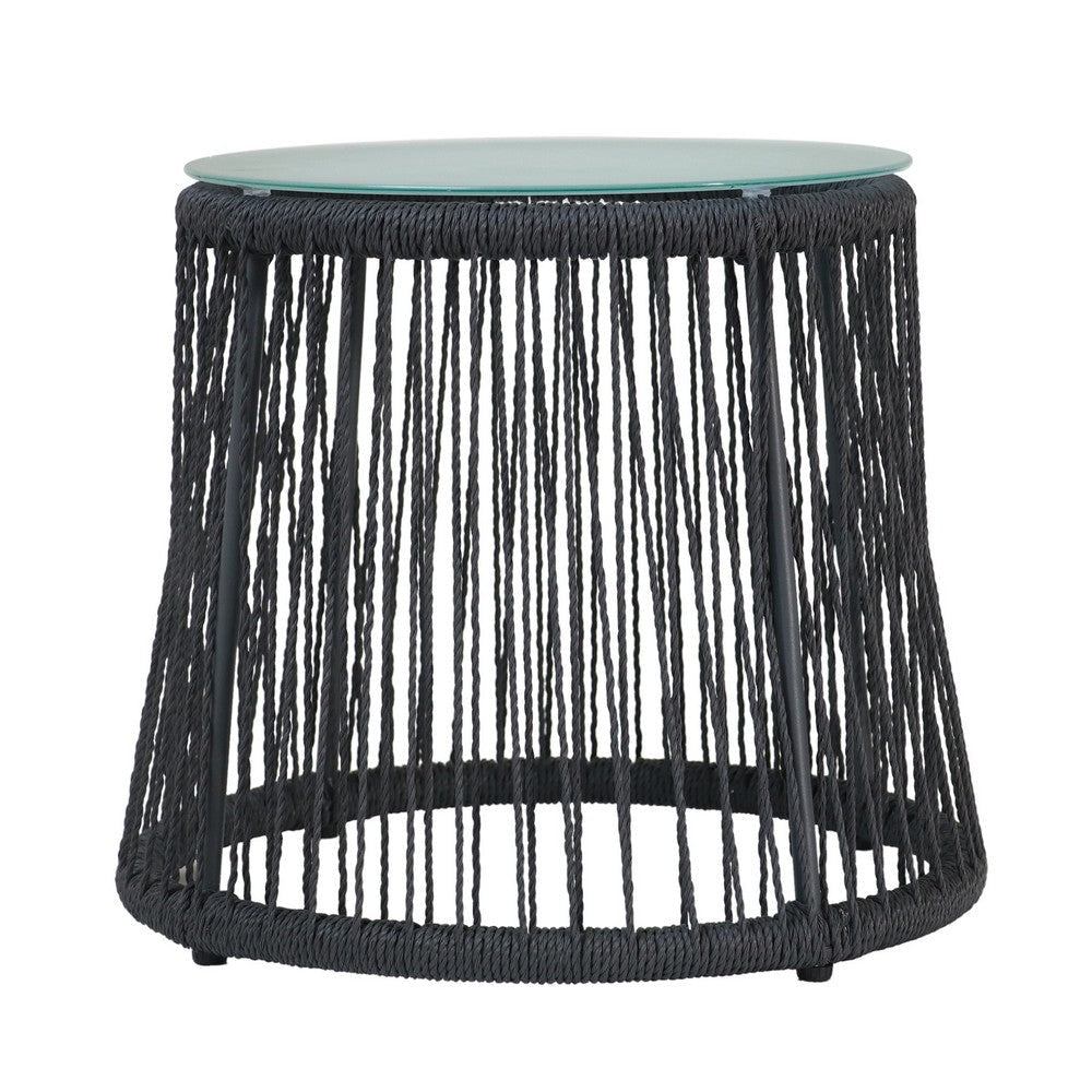 Penny Outdoor Side End Table | 19" Glass Top | Black Rope Woven Base