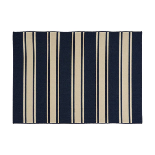 Ina Outdoor Small Area Rug | Navy Blue and White Lined Woven Pattern