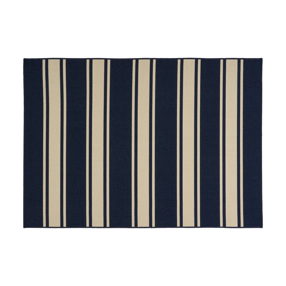Ina Outdoor Small Area Rug | Navy Blue and White Lined Woven Pattern