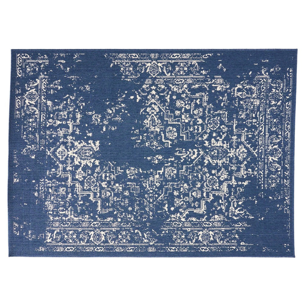 5 x 7 Outdoor Small Area Rug | Blue and Ivory Handcrafted Pattern
