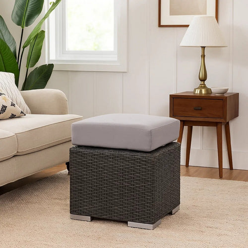 Outdoor Ottoman | 16" Square Gray Woven Frame with Plush Cushion