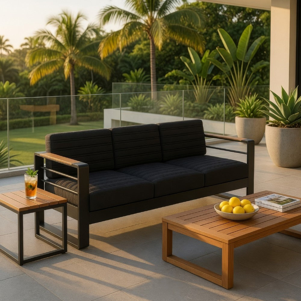 Vinia 3 Seater Outdoor Sofa | Plush Cushions | 77" Black Aluminum