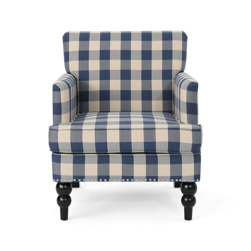 Lit Club Accent Chair with Turned Legs | Blue Black and Cream Fabric BM335188