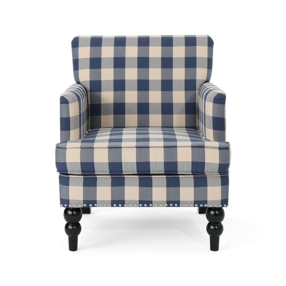 Lit Club Accent Chair with Turned Legs | Blue Black and Cream Fabric