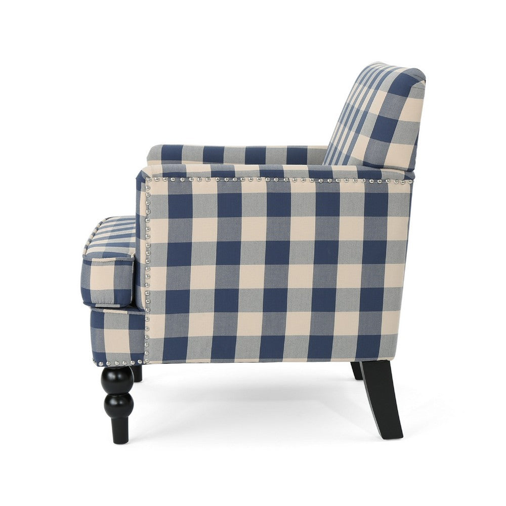 Lit Club Accent Chair with Turned Legs | Blue Black and Cream Fabric