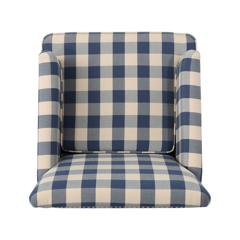 Lit Club Accent Chair with Turned Legs | Blue Black and Cream Fabric