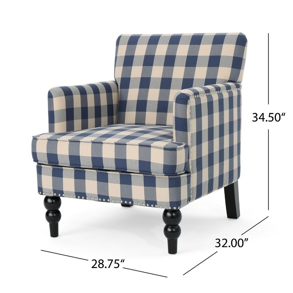 Lit Club Accent Chair with Turned Legs | Blue Black and Cream Fabric