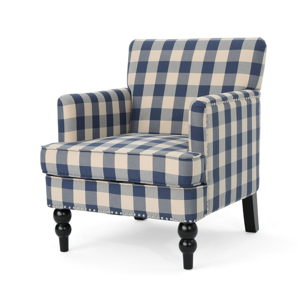 Lit Club Accent Chair with Turned Legs | Blue Black and Cream Fabric