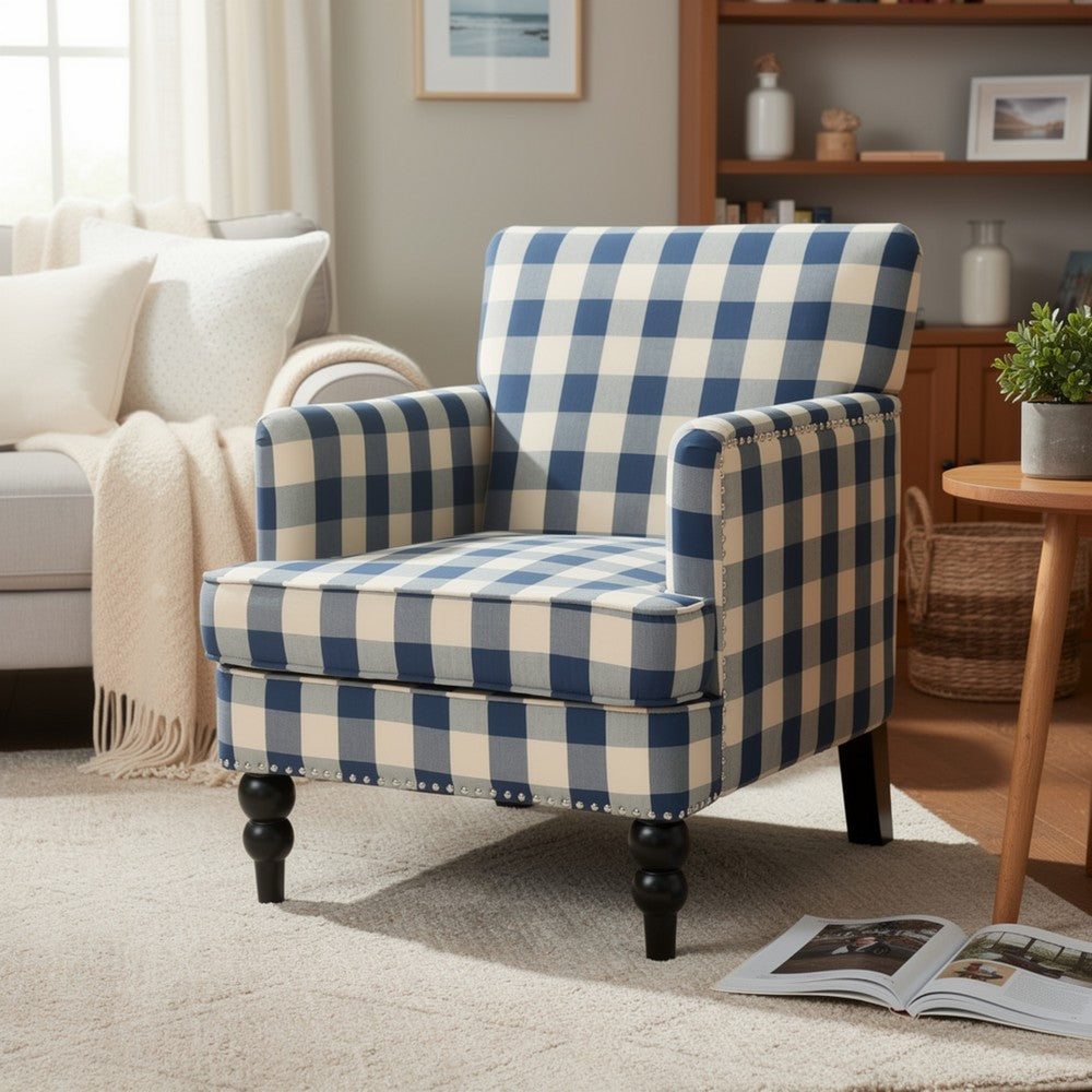 Lit Club Accent Chair with Turned Legs | Blue Black and Cream Fabric