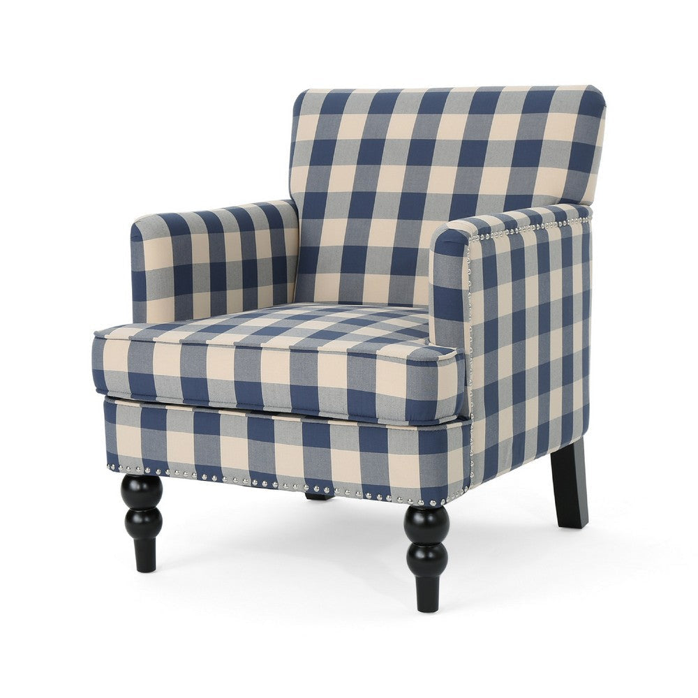 Lit Club Accent Chair with Turned Legs | Blue Black and Cream Fabric