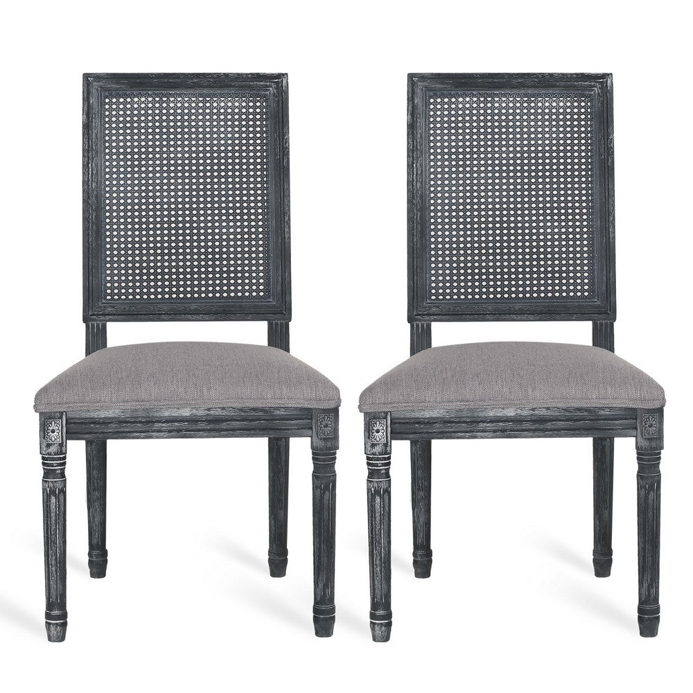 Roco Dining Chair Set of 2 | Cane Backrest | Fluted Legs | Gray Fabric