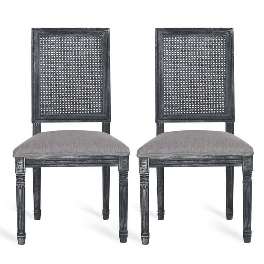 Roco Dining Chair Set of 2 | Cane Backrest | Fluted Legs | Gray Fabric