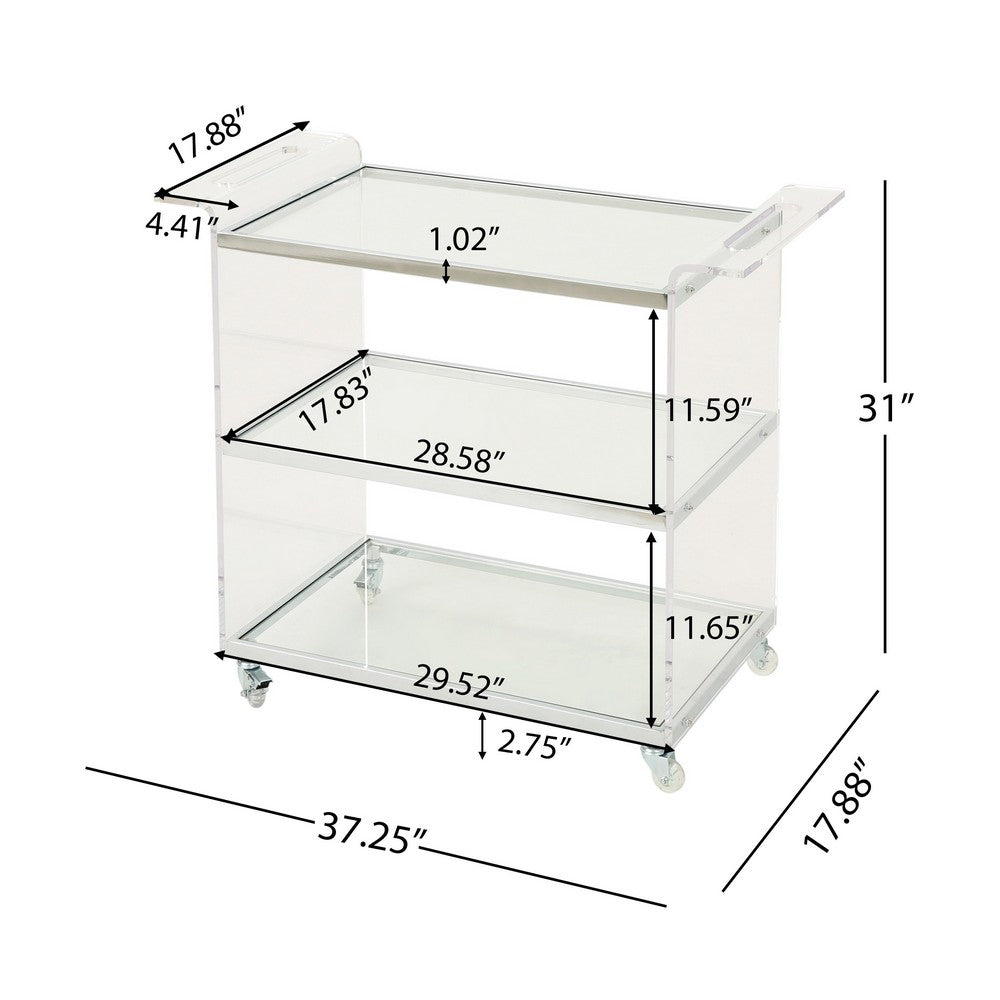 Manya Rolling Bar Cart | Tempered Glass Shelves | Clear Acrylic White