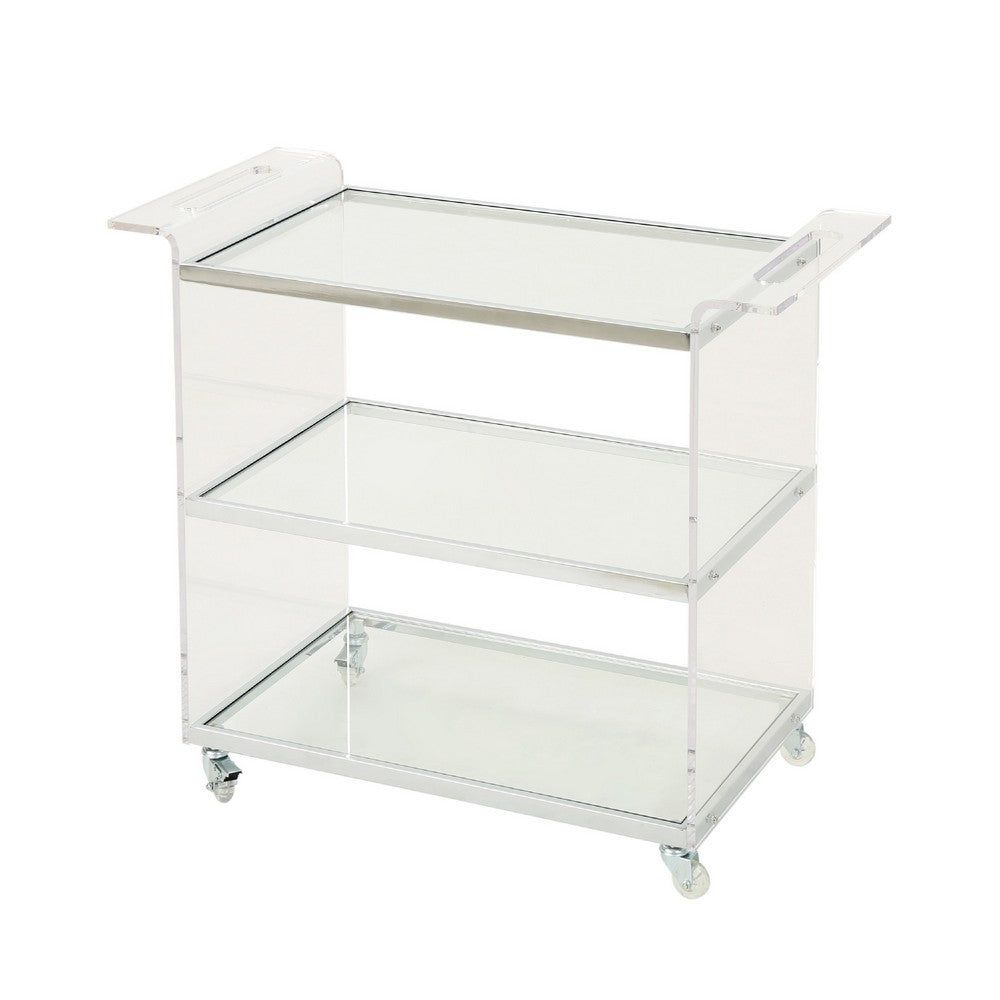 Manya Rolling Bar Cart | Tempered Glass Shelves | Clear Acrylic White