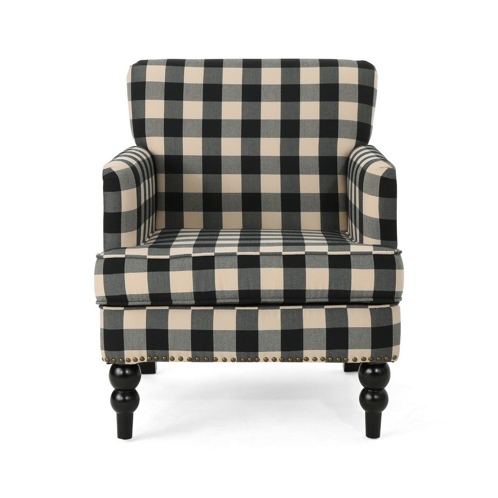 Lit Club Accent Chair with Turned Wood Legs | Black and Cream Plaid