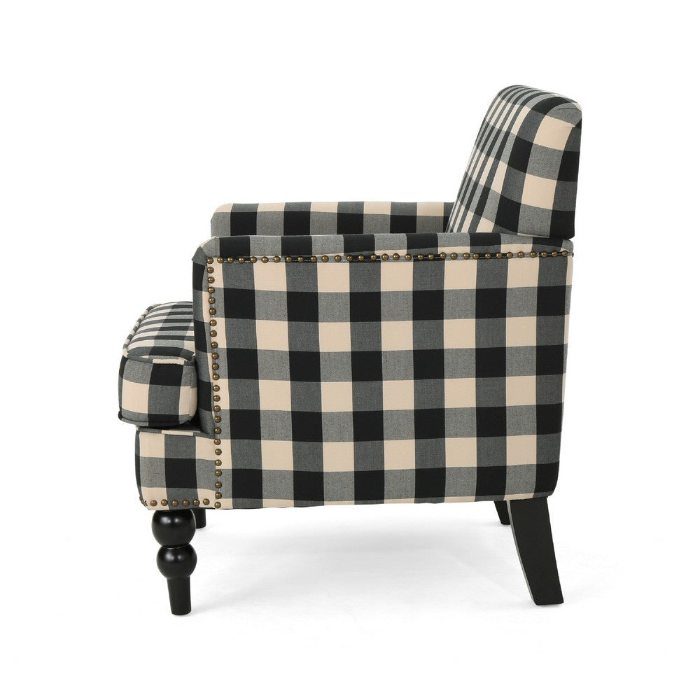 Lit Club Accent Chair with Turned Wood Legs | Black and Cream Plaid BM335200