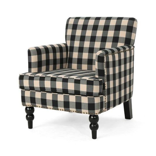 Lit Club Accent Chair with Turned Wood Legs | Black and Cream Plaid