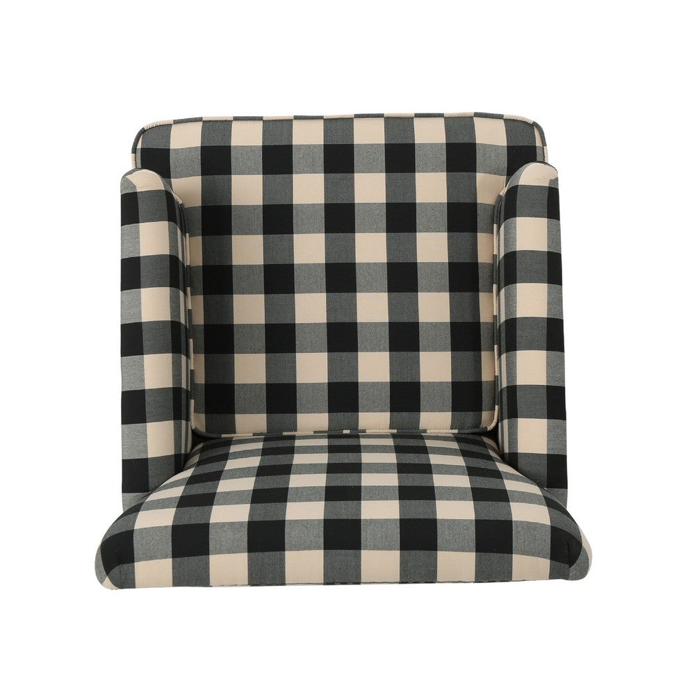 Lit Club Accent Chair with Turned Wood Legs | Black and Cream Plaid