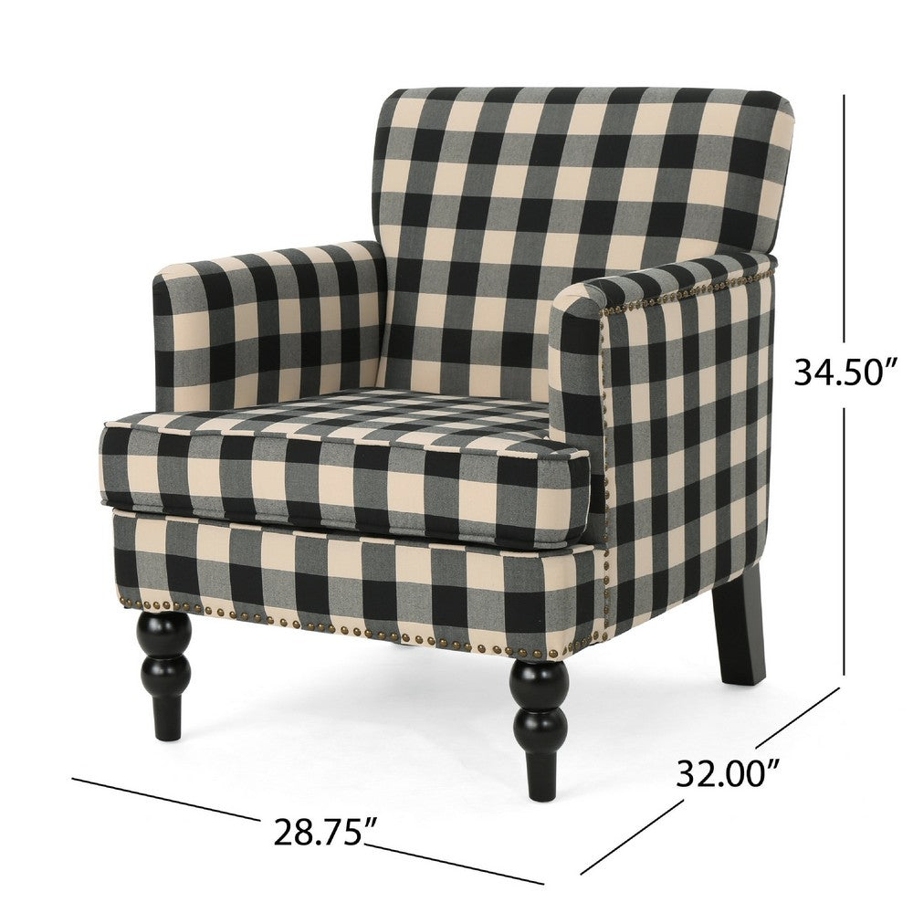 Lit Club Accent Chair with Turned Wood Legs | Black and Cream Plaid