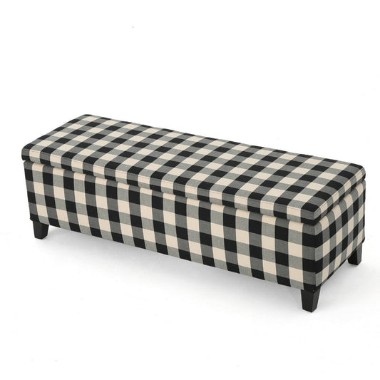 Flash Ottoman Bench with Built In Storage | Black, Cream Plaid | 51"