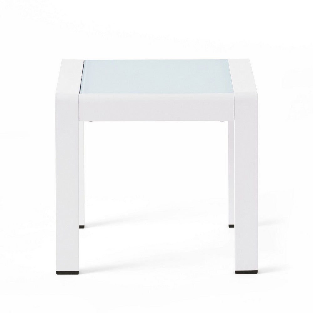 Mandy Outdoor Side Table | Opaque Glass Top | White Metal 20"