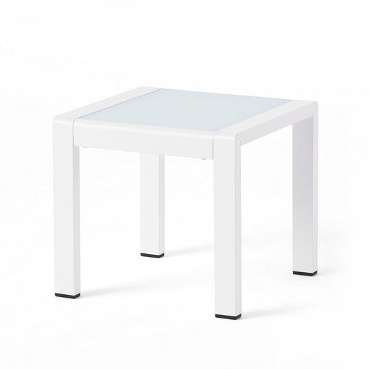 Mandy Outdoor Side Table | Opaque Glass Top | White Metal 20"
