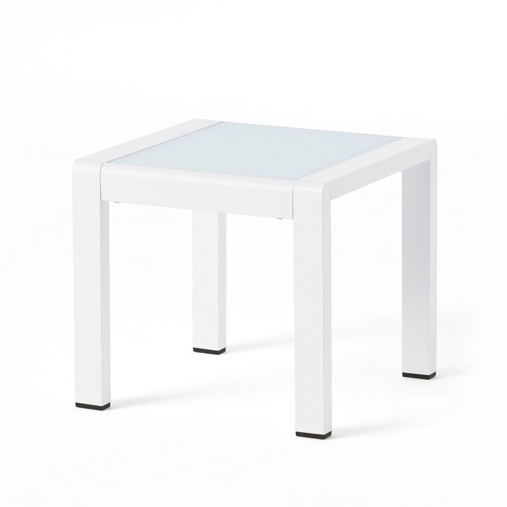 Mandy Outdoor Side Table | Opaque Glass Top | White Metal 20"
