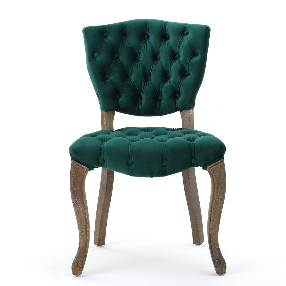 Magie Dining Chair Set of 2 | Wood Scrolled Legs | Green Tufted Velvet