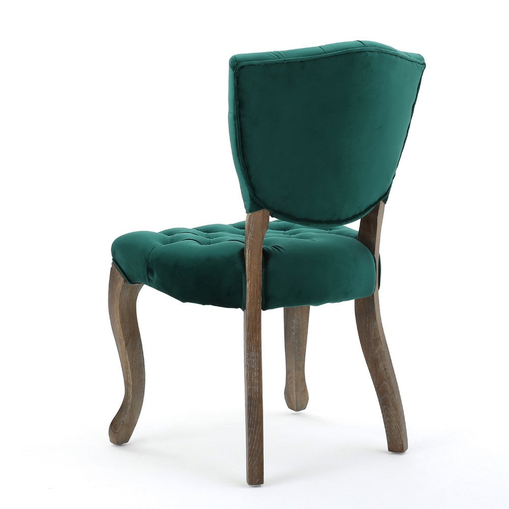 Magie Dining Chair Set of 2 | Wood Scrolled Legs | Green Tufted Velvet
