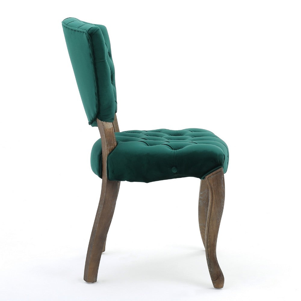 Magie Dining Chair Set of 2 | Wood Scrolled Legs | Green Tufted Velvet