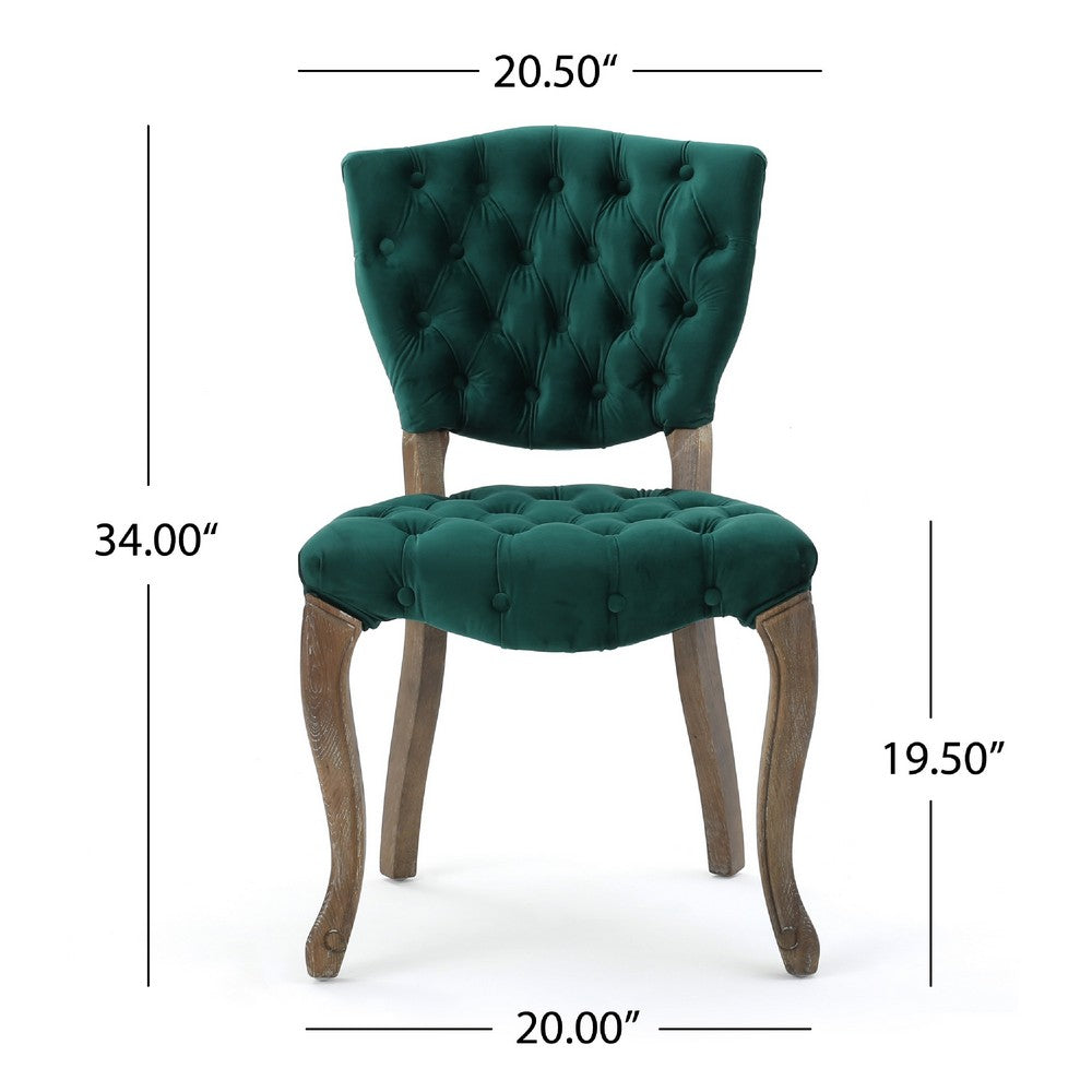 Magie Dining Chair Set of 2 | Wood Scrolled Legs | Green Tufted Velvet