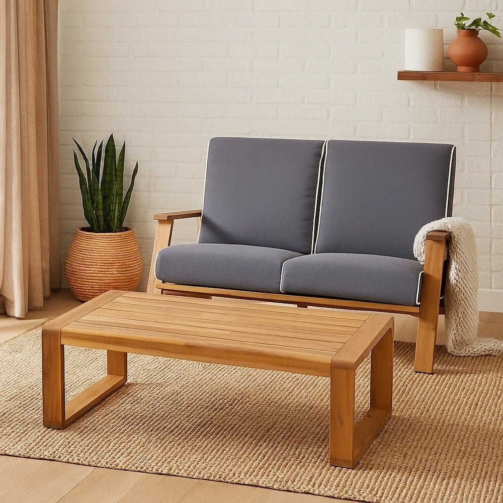 Eddy 2pc Patio Coffee Table and Loveseat Set | Brown Wood | Gray