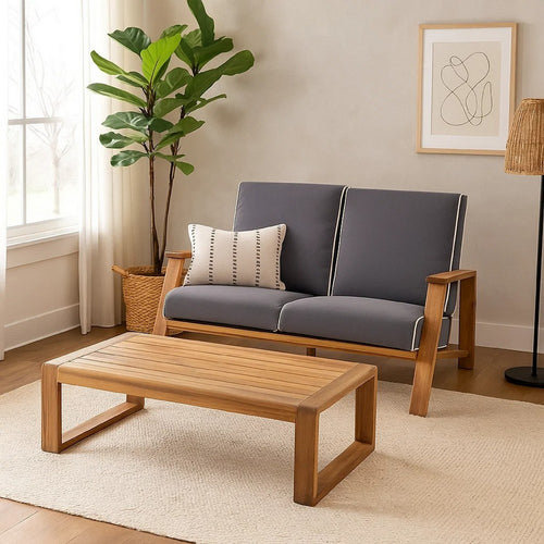 Eddy 2pc Patio Coffee Table and Loveseat Set | Brown Wood | Gray