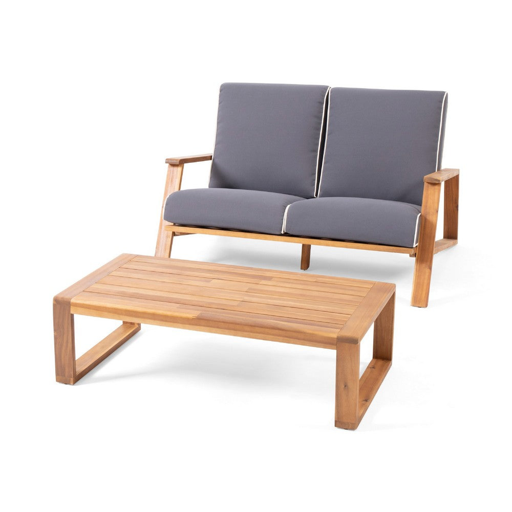 Eddy 2pc Patio Coffee Table and Loveseat Set | Brown Wood | Gray