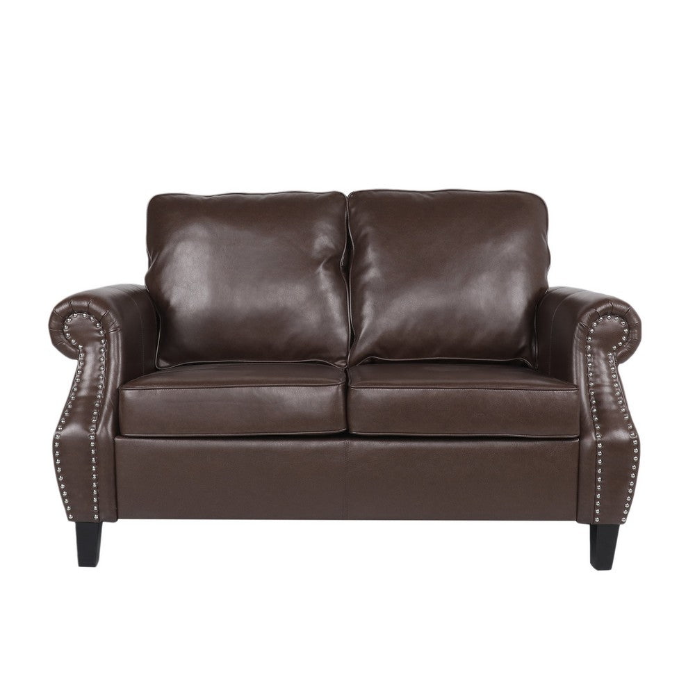 Zika Loveseat | Nailhead Trim Dark Brown Faux Leather | 59"