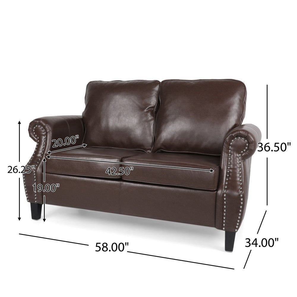 Zika Loveseat | Nailhead Trim Dark Brown Faux Leather | 59’’
