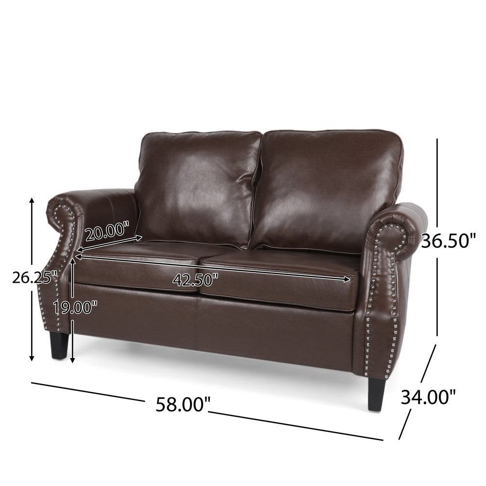 Zika Loveseat | Nailhead Trim Dark Brown Faux Leather | 59"