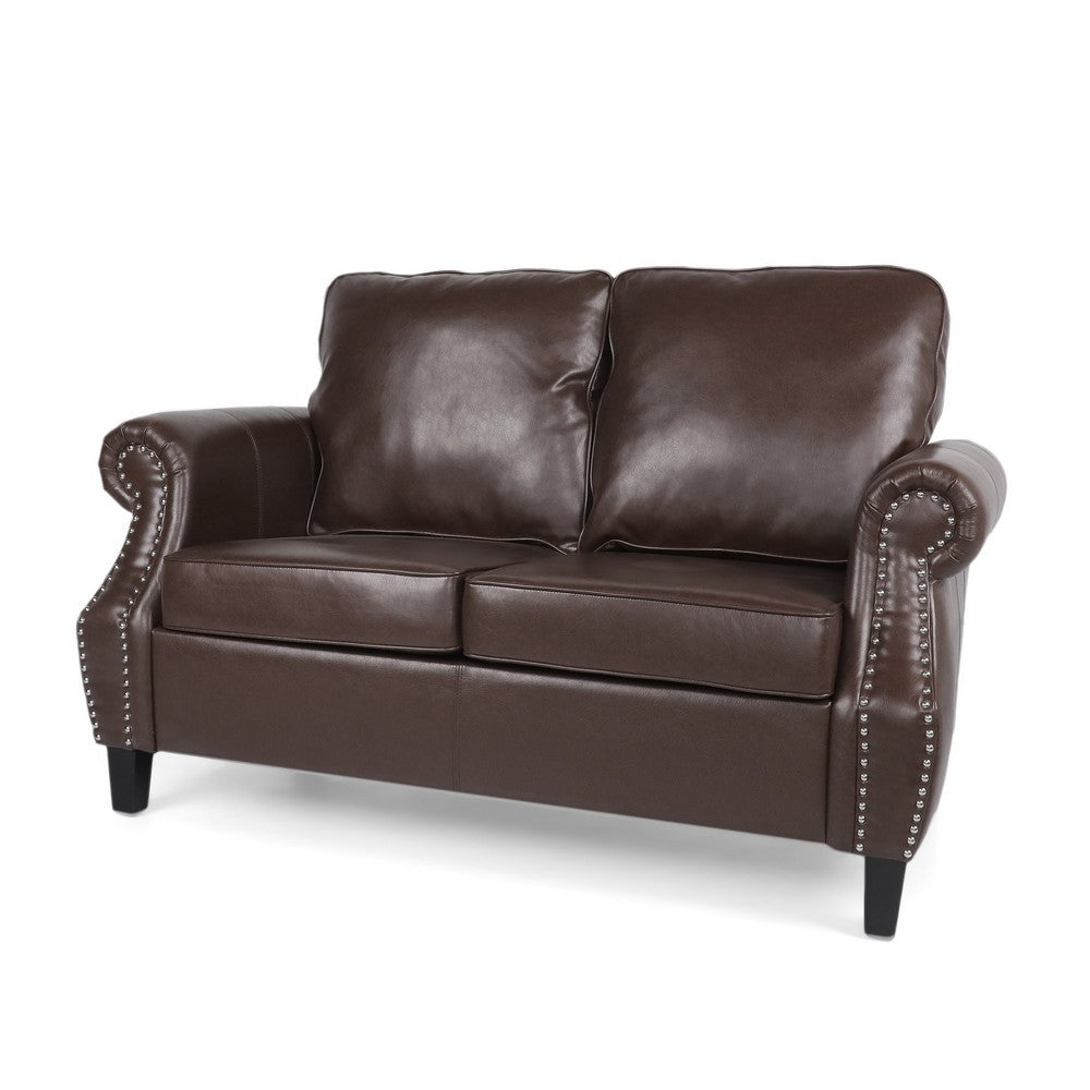 Zika Loveseat | Nailhead Trim Dark Brown Faux Leather | 59"