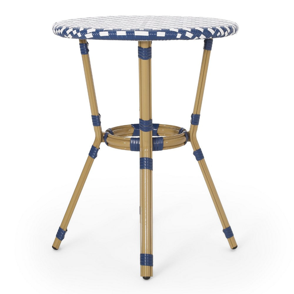 Outdoor French Bistro Table | Blue White Rattan | 22" Brown Aluminum