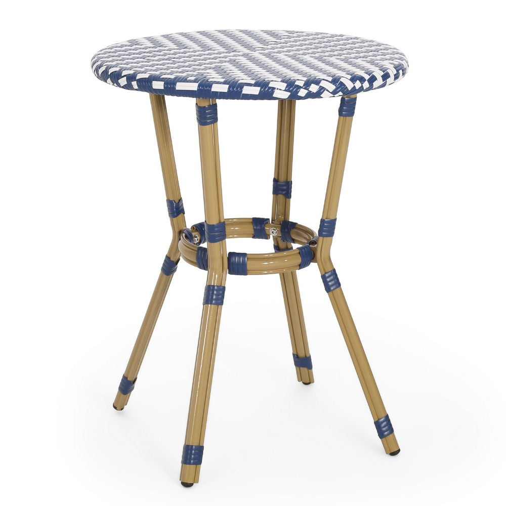Outdoor French Bistro Table | Blue White Rattan | 22" Brown Aluminum